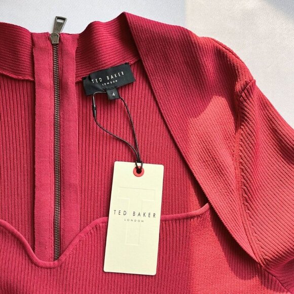 NWT TED BAKER VIENNIA LONG SLEEVE STRETCH KNIT FIT & FLARE DRESS IN DEEP PINK -L - Picture 11 of 16